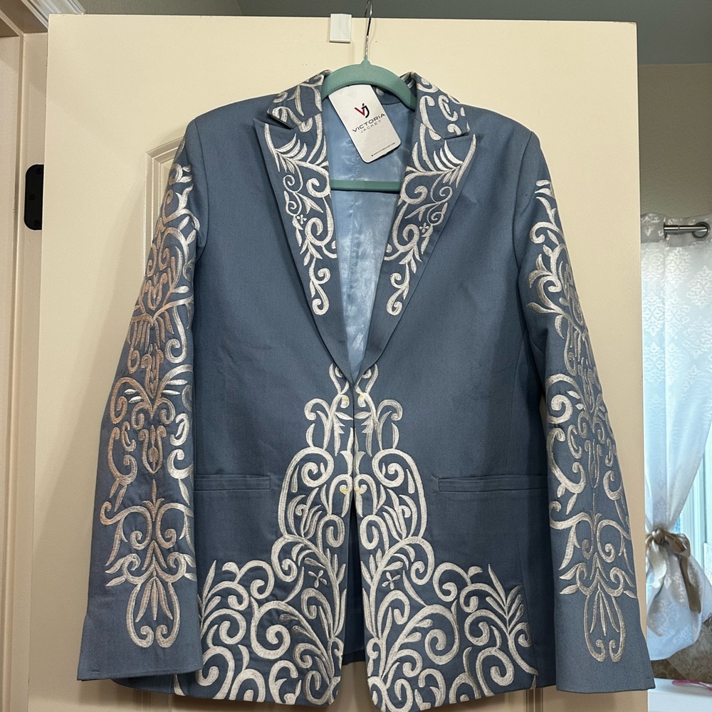 Chic Blue Blazer with White Embroidery